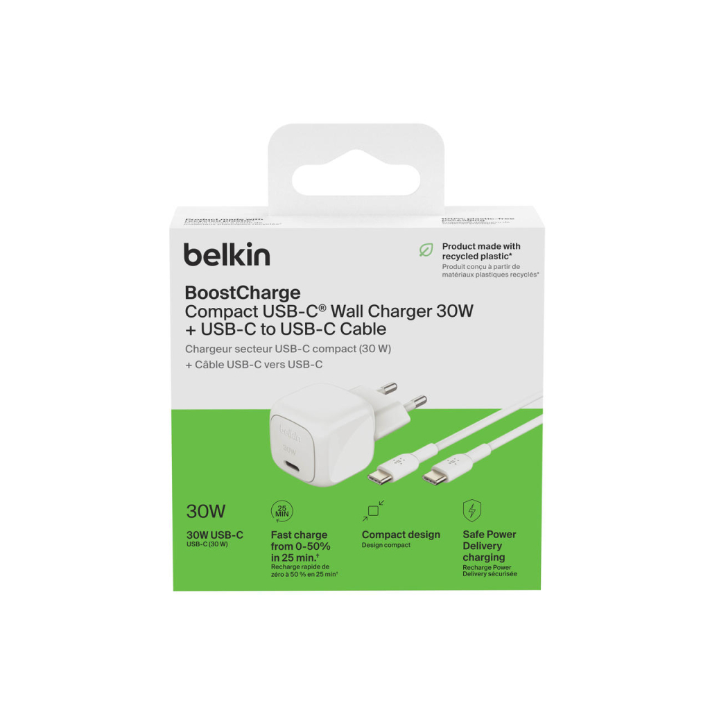 Зарядний пристрій Belkin USB-C PD30W PPS + cable USB-C to USB-C 1.0m PVC white (WCA008KQ1MWH-B6) - зображення 7
