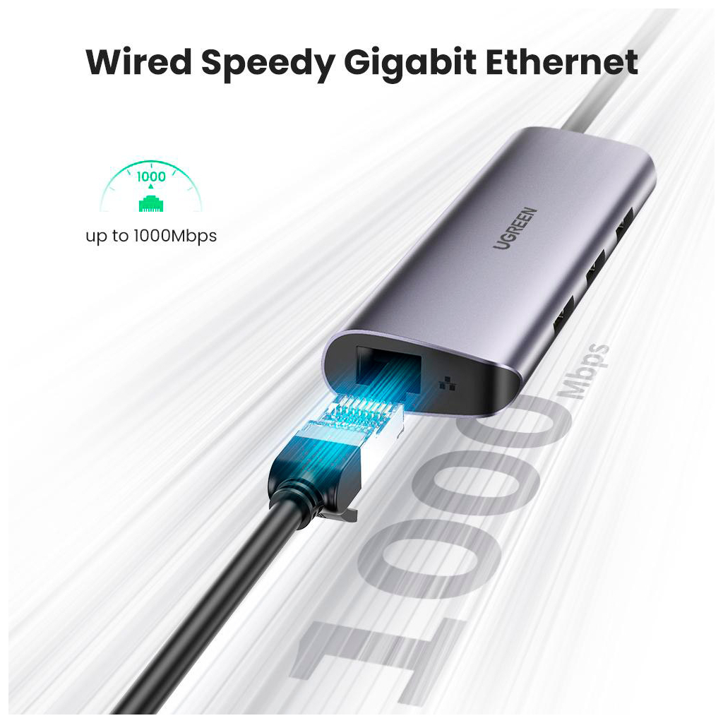 Концентратор Ugreen Type-C to 3хUSB 3.0 + RJ45 1000M Ethernet (60718) - зображення 3