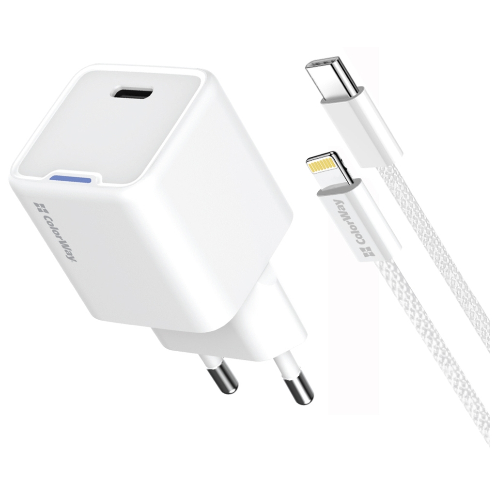 Зарядний пристрій ColorWay C101D GaN Mini 20W PD PPS USB-C + cable USB-C to Lightning white (CW-CHS059PDL-WT) - изображение 1