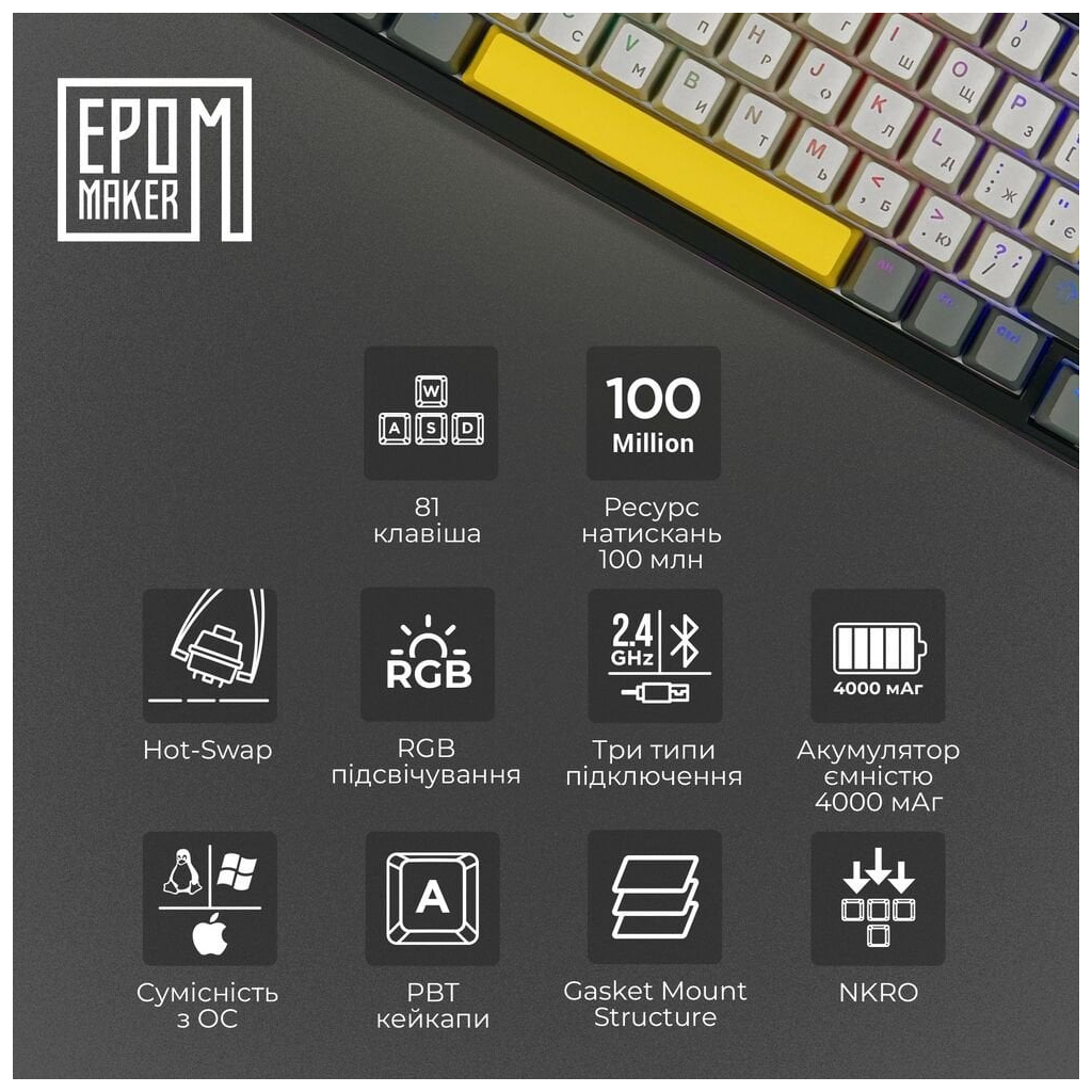 Клавіатура Epomaker TH80 SE 75 Budgerigar V2 Switch Hot-Swap RGB Wireless/Bluetooth/USB UA Black (TH80-SE-B-BV2) - зображення 8