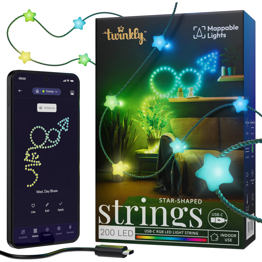 Гірлянда Twinkly Smart LED Strings USB 200 Star-shaped RGB LEDs, Green Wire, USB-C 12м (TWKS200RGB-G) - зображення 1