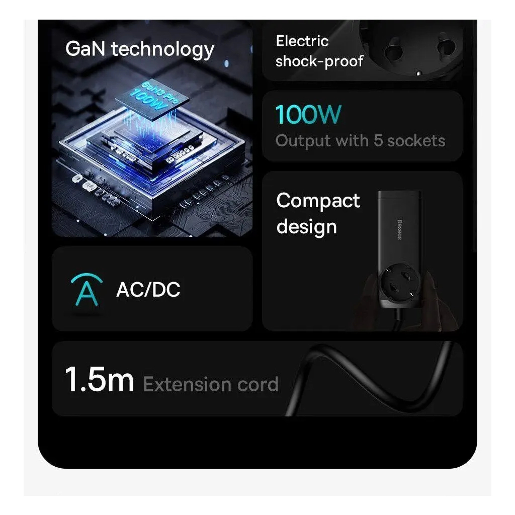 Зарядний пристрій Baseus AC + 2xUSB-C 100W + 2xUSB + cable USB-C to USB-C 100W 1.0m black (PSZM000401) - зображення 10