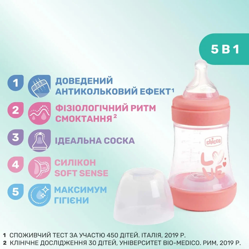 Пляшечка для годування Chicco Perfect 5 Love із силіконовою соскою 0+ міс. 150 мл Рожева (20211.11.40) - зображення 7