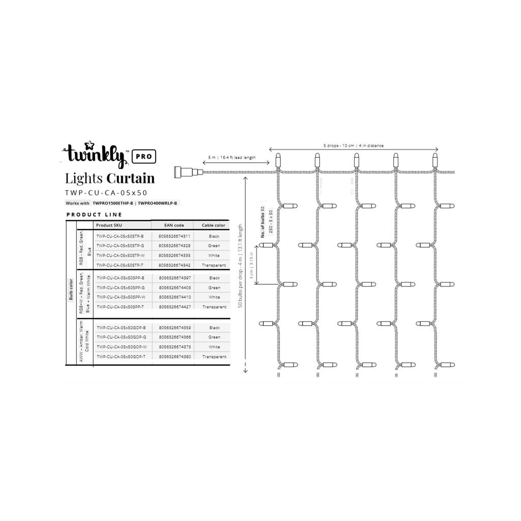 Гірлянда Twinkly PRO Smart LED Curtain RGB 250, AWG22, IP65, прозорий (TWP-CU-CA-05X50STP-T) - зображення 5