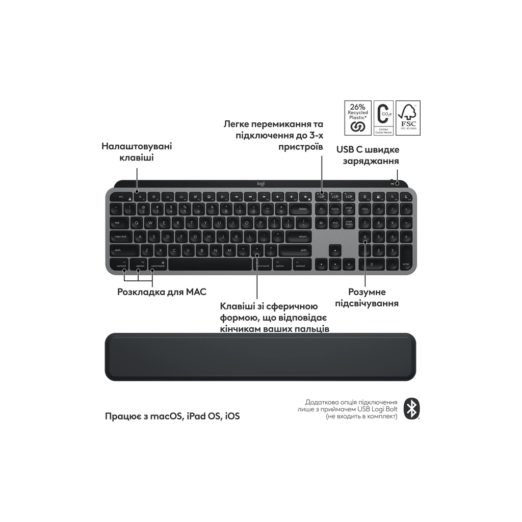 Комплект Logitech MX Keys S Combo для MAC Bluetooth/Wireles UA Space Grey (920-012845) - зображення 4