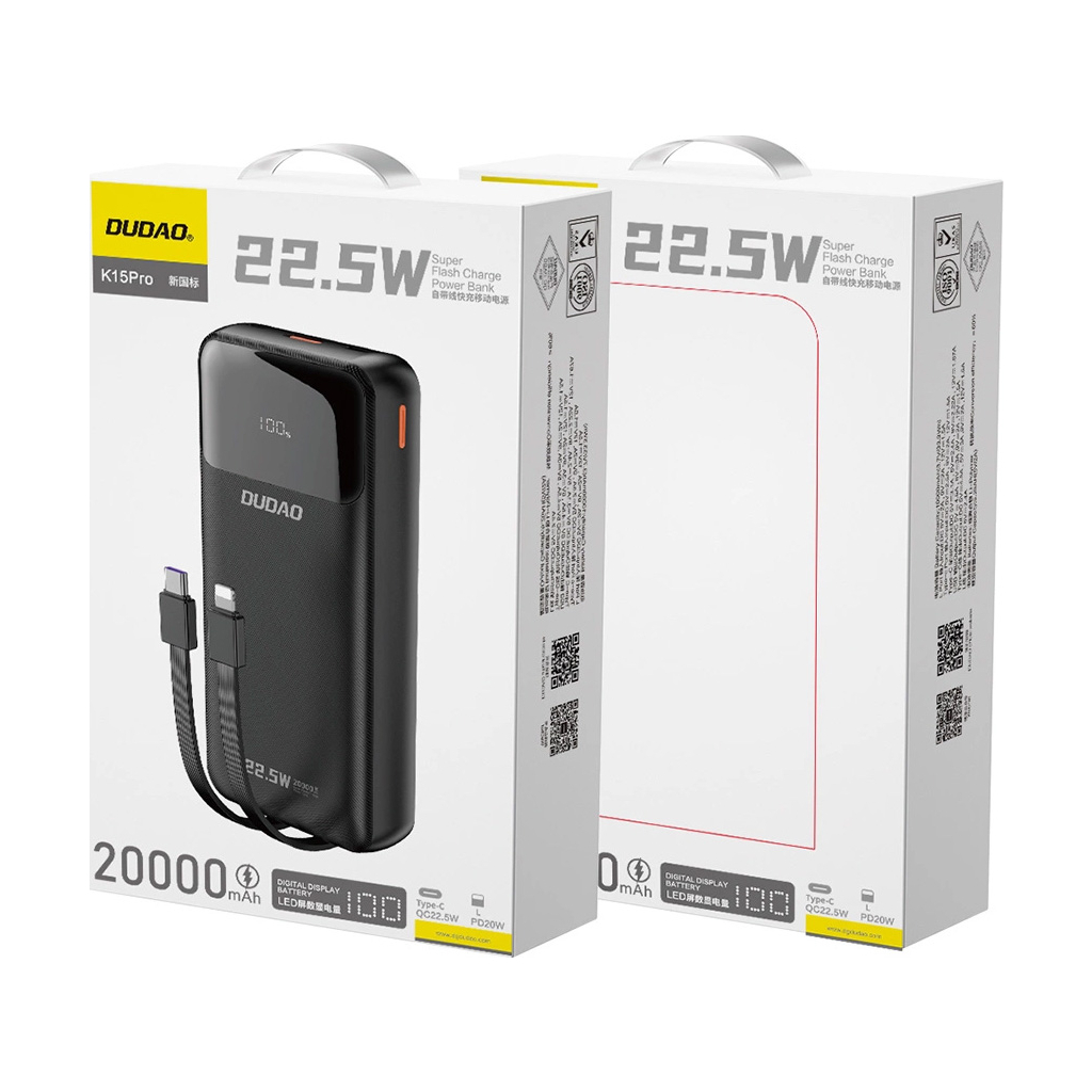 Батарея універсальна Dudao K15Pro 20000mAh PD/22.5W, QC, with built-in cables, Black (6977196682430) - зображення 3