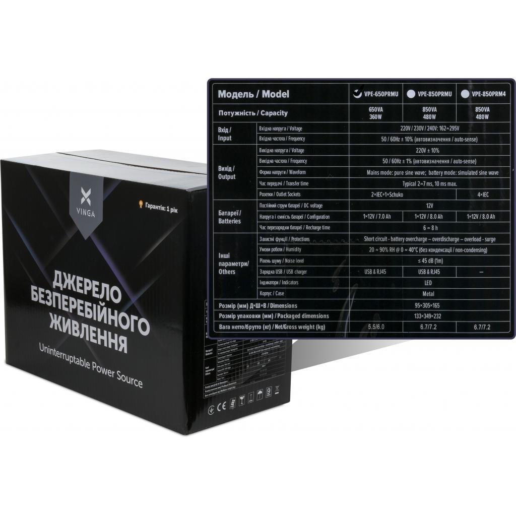 Пристрій безперебійного живлення Vinga LED 650VA metal case with USB (VPE-650PRMU) - зображення 6