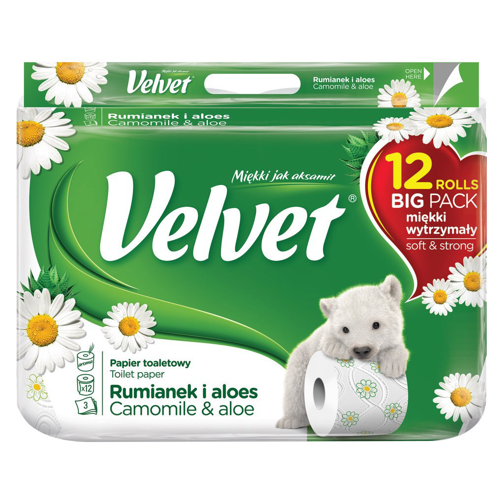 Туалетний папір Velvet Делікатний з ароматом ромашки 3 шари 12 рулонів 153 відриви (5901478998637) - зображення 1