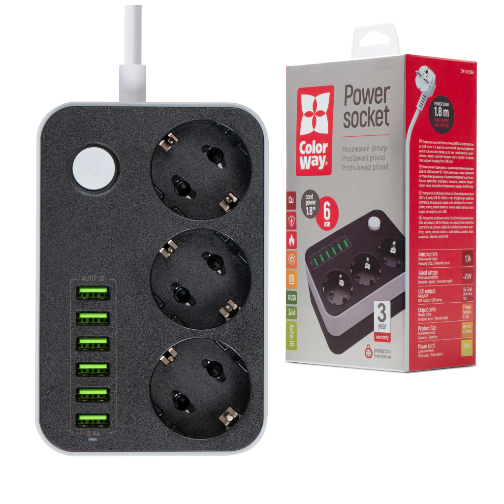 Мережевий фільтр живлення ColorWay CW-CHЕ36B, 3 розетки/6USB Black 1.8M (CW-CHE36B) - зображення 2