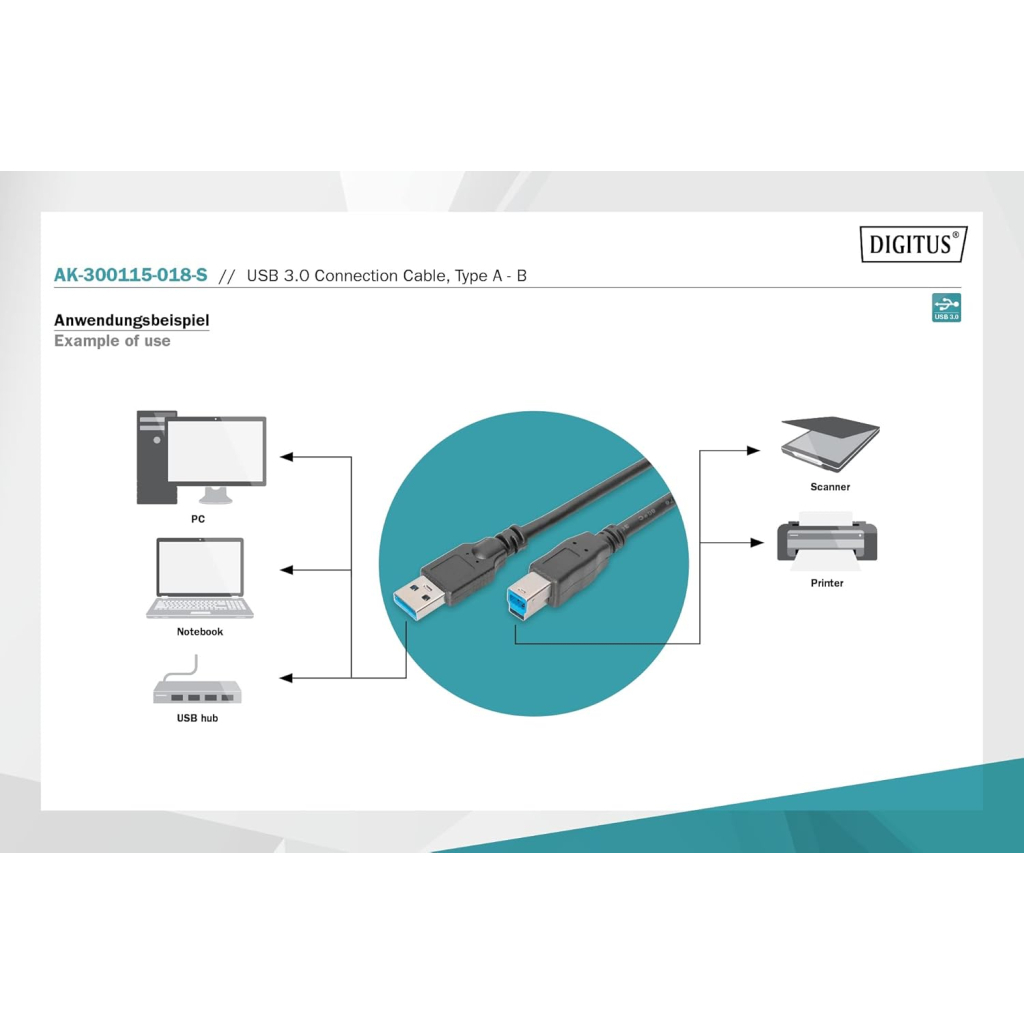 Дата кабель USB 3.0 AM/BM 1.8m black Digitus (AK-300115-018-S) - зображення 4