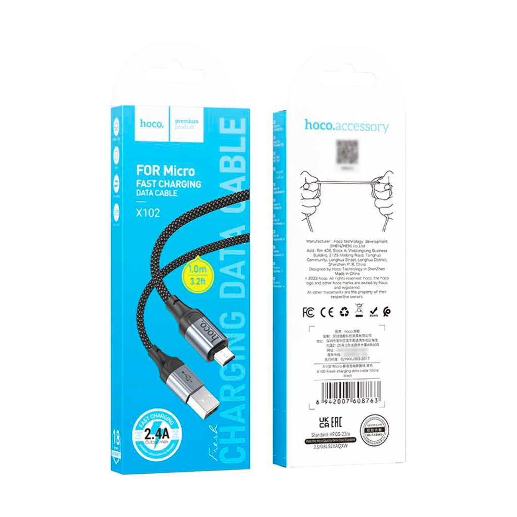 Дата кабель USB 2.0 AM to Micro 5P 1.0m 2.4A nylon X102 black HOCO (6942007608763) - зображення 5