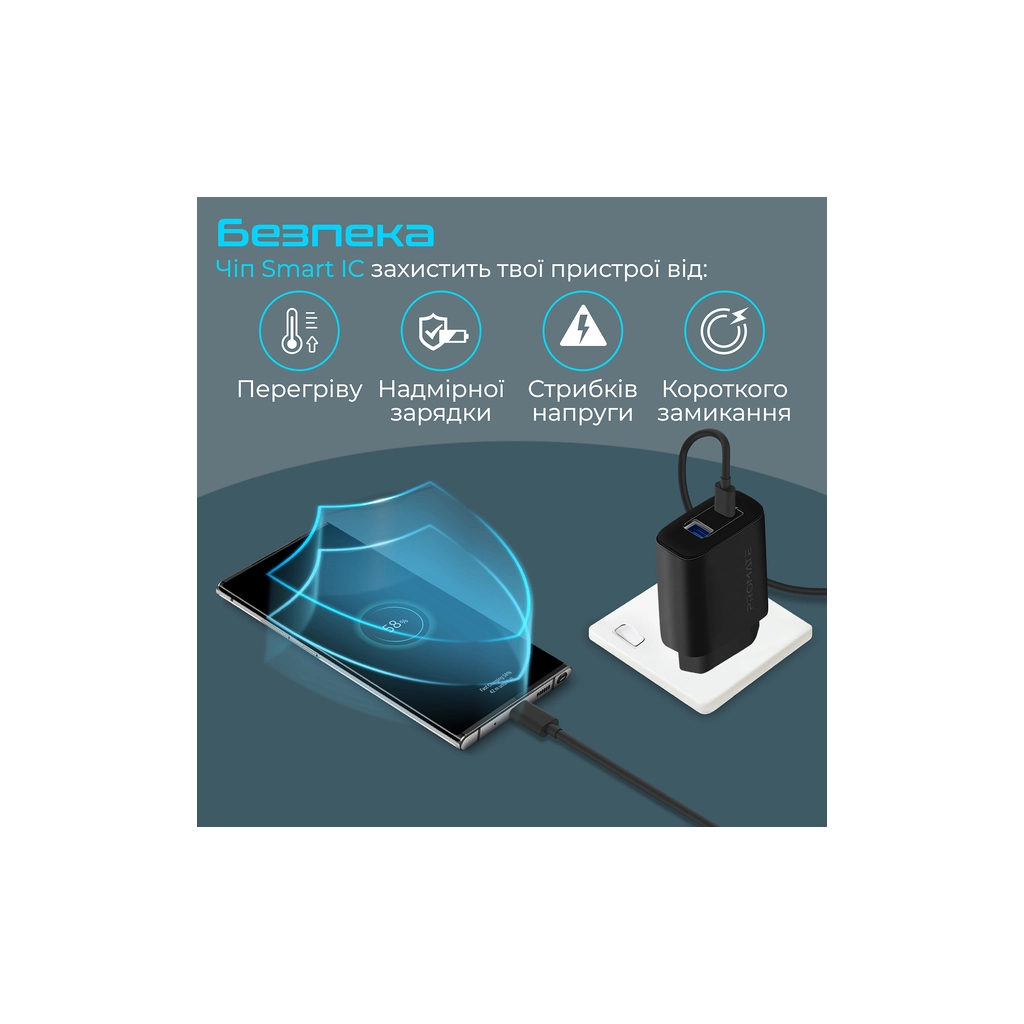 Зарядний пристрій Promate 17W USB-C + USB-A (biplug-2.black) - зображення 4