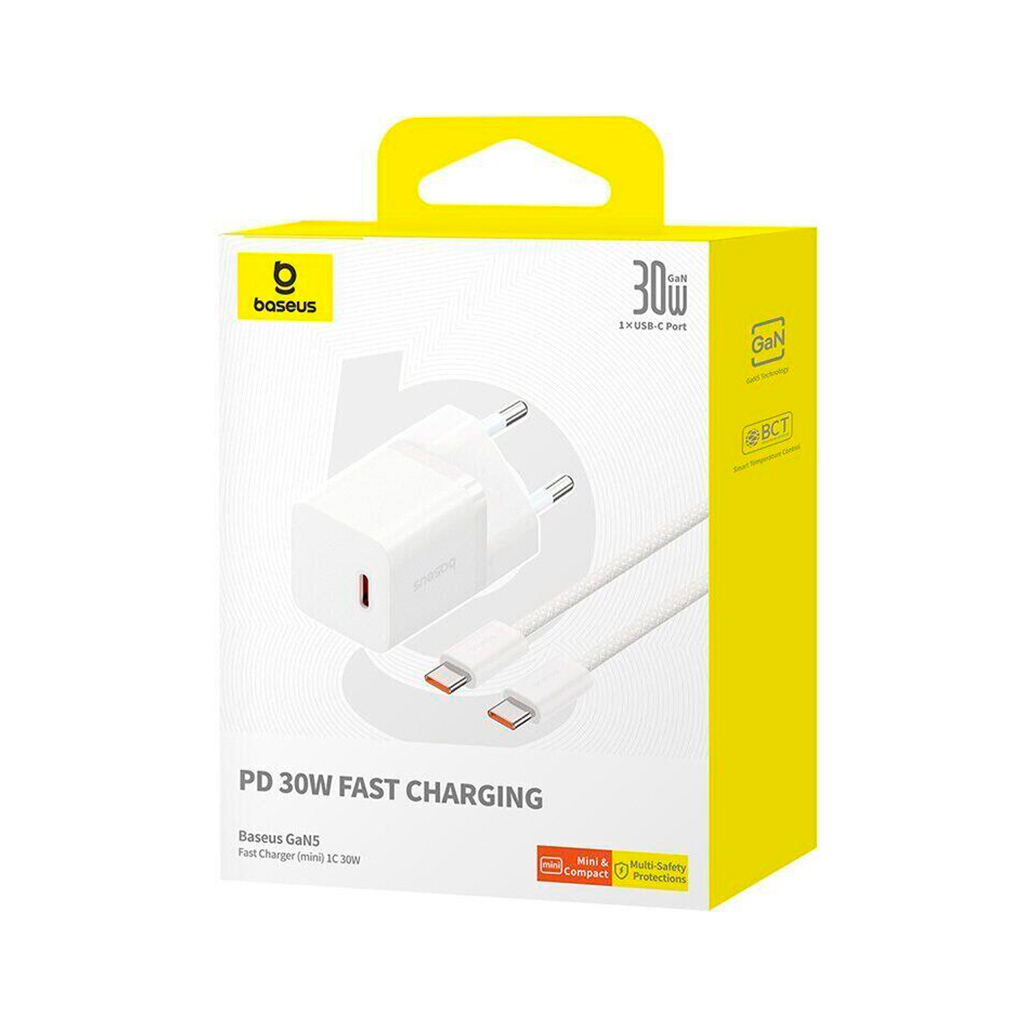 Зарядний пристрій Baseus GaN5 Fast Charger USB-C 30W + Cable 1.0m Type-C 100W white (P10110902213-00) - зображення 6