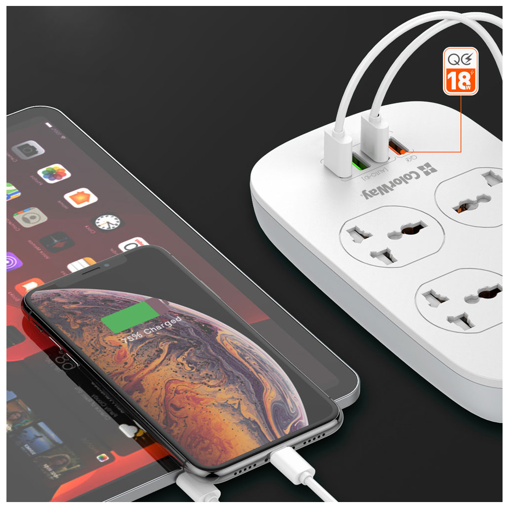 Мережевий фільтр живлення ColorWay 4 розетки/4USB White 1.8м (1QC3.0 + 3 AUTO ID) (CW-CHU44QW) - зображення 12
