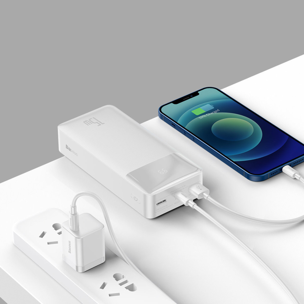 Батарея універсальна Baseus Bipow 30000mAh, 15W, USB-C/3A, 2*USB-A/3A(max.), +cable, white (PPBD050202) - изображение 7