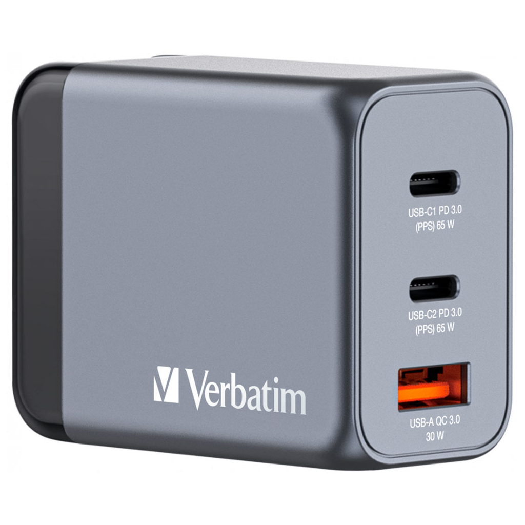Зарядний пристрій Verbatim GaN 65 W 3 ports (2xUSB-C-65 W /USB-A -3.0) (32201) - зображення 1