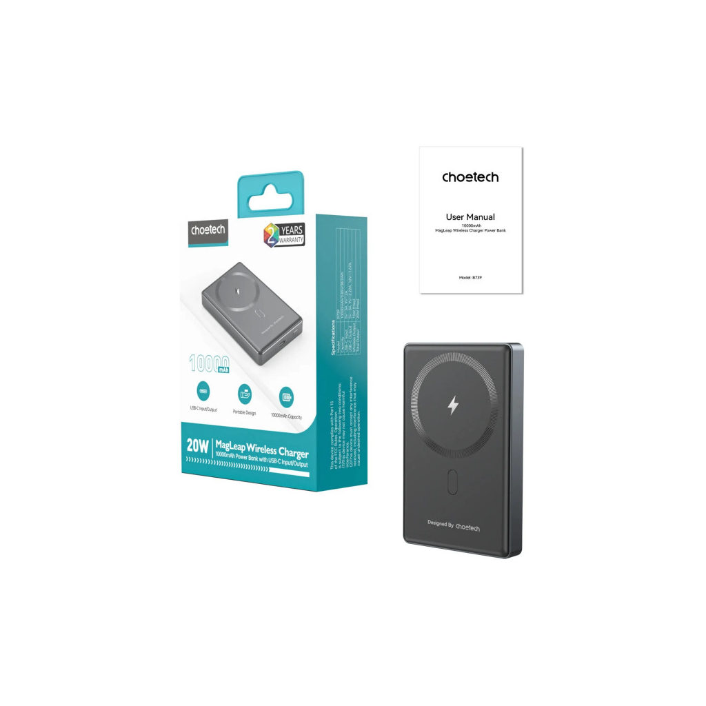 Батарея універсальна Choetech Magnetic Wireless 10000mAh 20W, PD, Qi-15W, USB-C In/Out, Ultra-thin, Black (B739-CCBK) - зображення 4