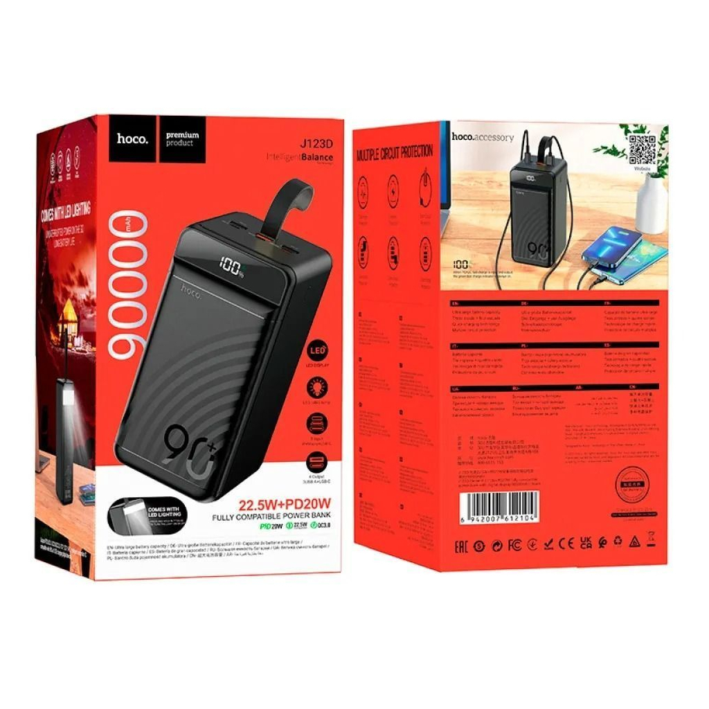 Батарея універсальна HOCO 90000mAh Element PD/20W, QC/FCP/SCP/AFC/22.5W, LCD, LED Lamp Black (J123D / 714778) - зображення 6