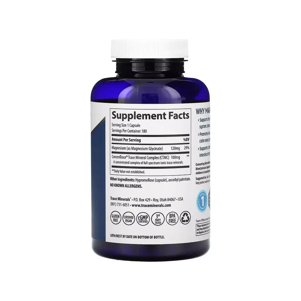 Мінерали Trace Minerals Гліцинат магнію, 120 мг, Magnesium Glycinate, 180 капсул (TMR-00815) - изображение 2