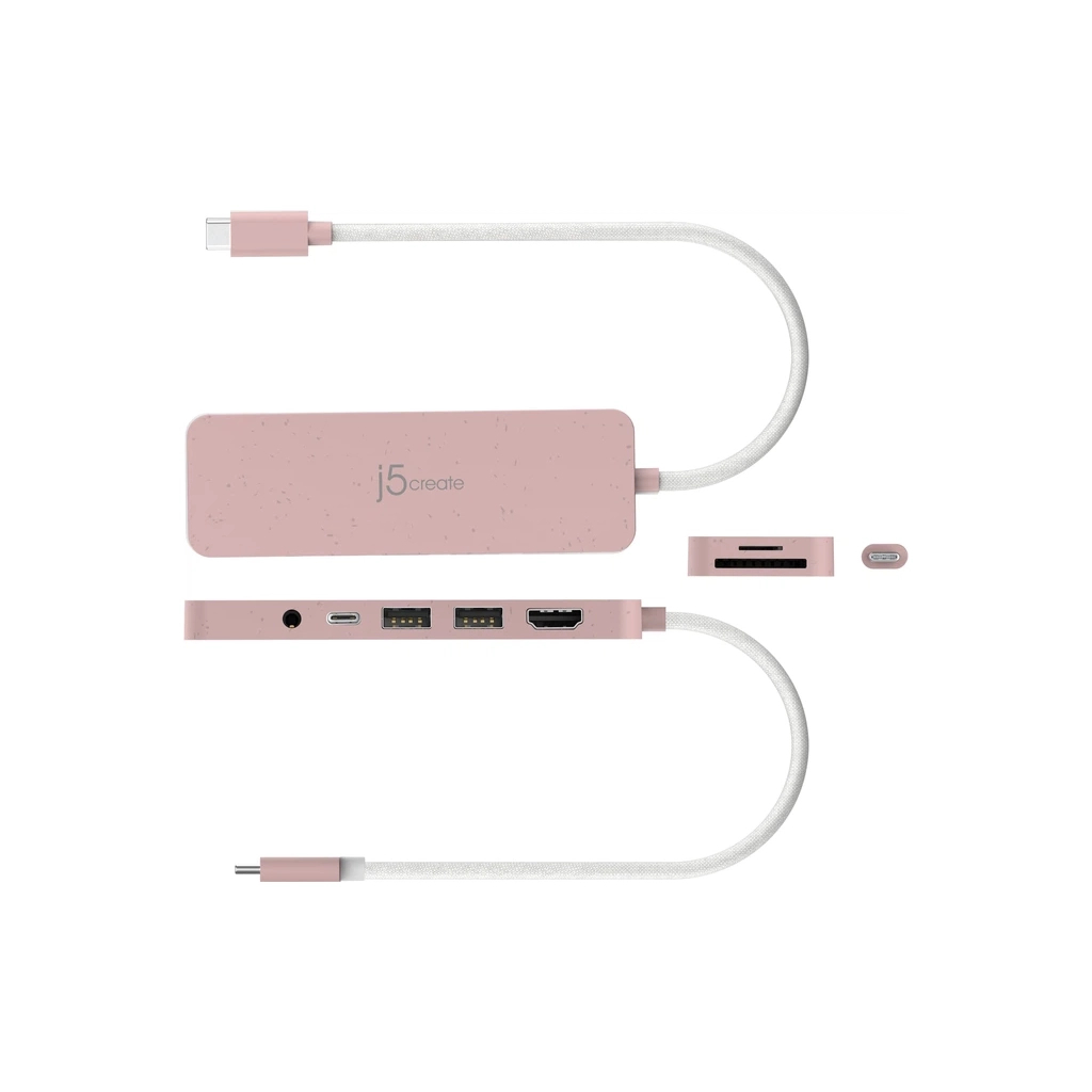 Концентратор J5create USB-C 6-in-1 2xUSB 3.2 + USB-C PD + HDMI 4K + SD/TF + 3.5mm rose (JCD373ER-N) - зображення 3