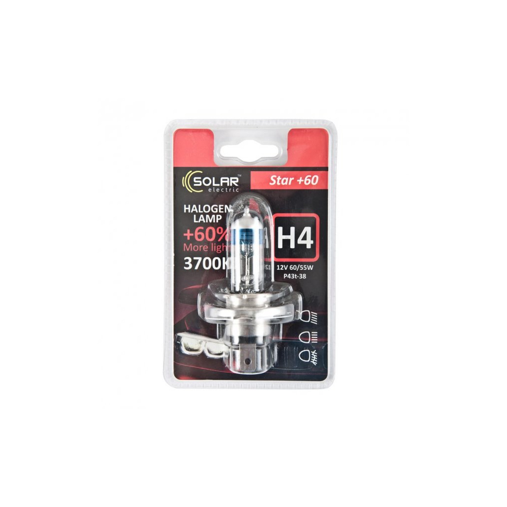 Автолампа SOLAR H4 12V 60/55W P43t-38 Starlight + 60, blister (1234B1) - зображення 1