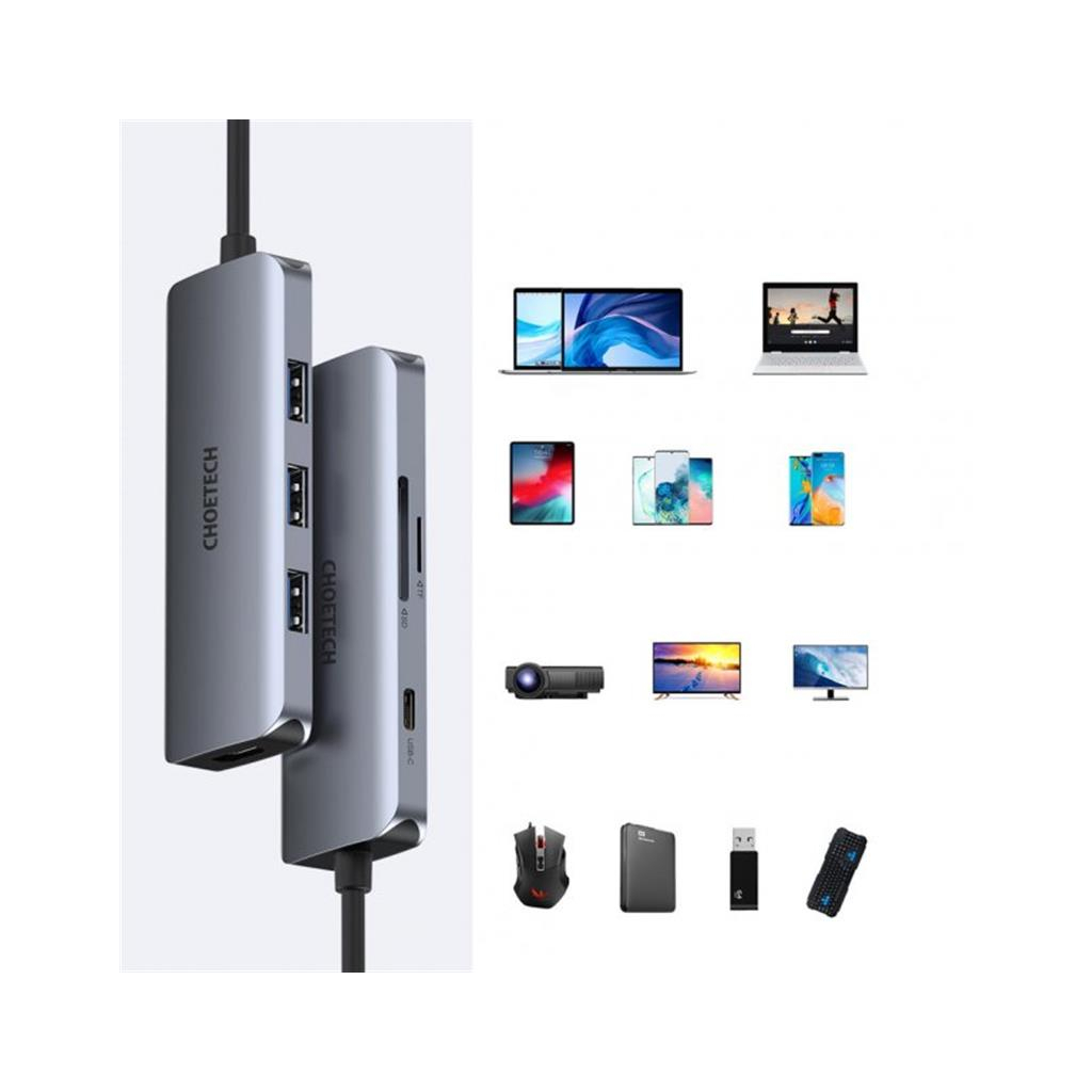 Концентратор Choetech USB-C 7-in-1 (HDMI/PD/CR/USB-A/USB-C) alum (HUB-M19-GY) - зображення 3