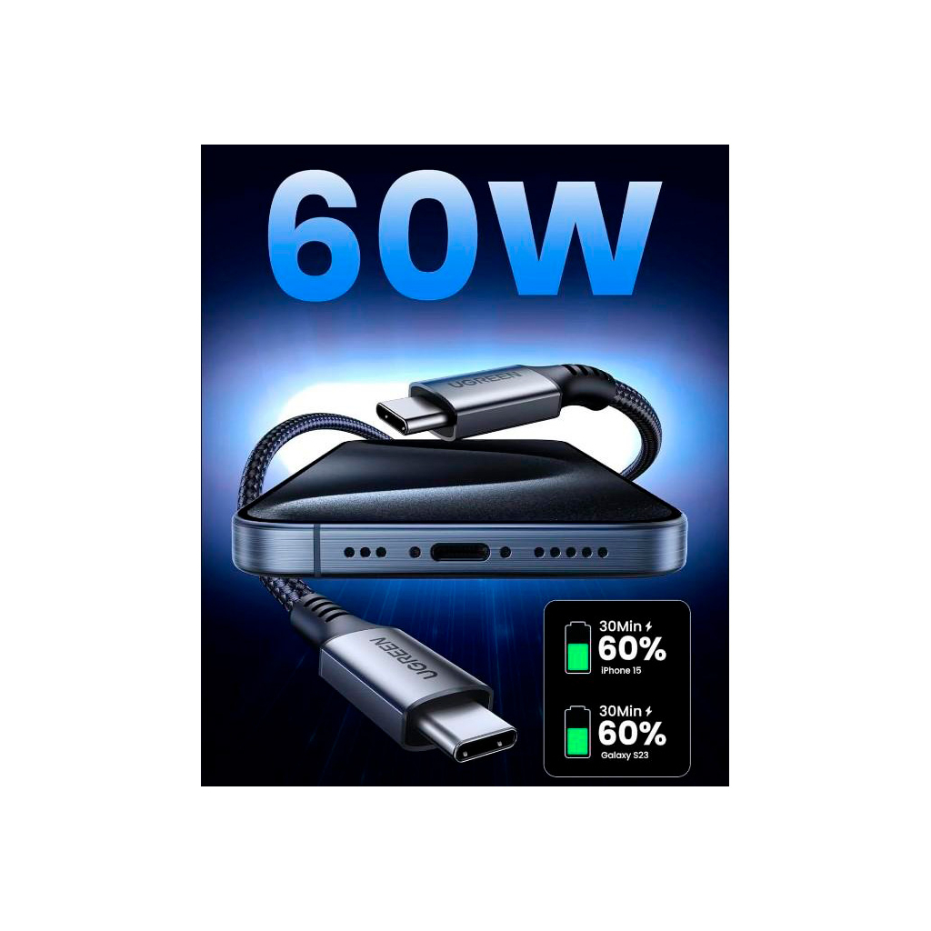 Дата кабель USB-C to USB-C 2.0m US567 black/gray Ugreen (15374) - зображення 2