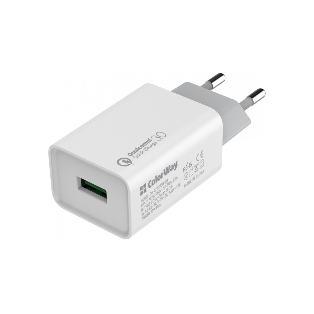 Зарядний пристрій ColorWay 1USB Quick Charge 3.0 (18W) (CW-CHS013Q-WT) - зображення 1