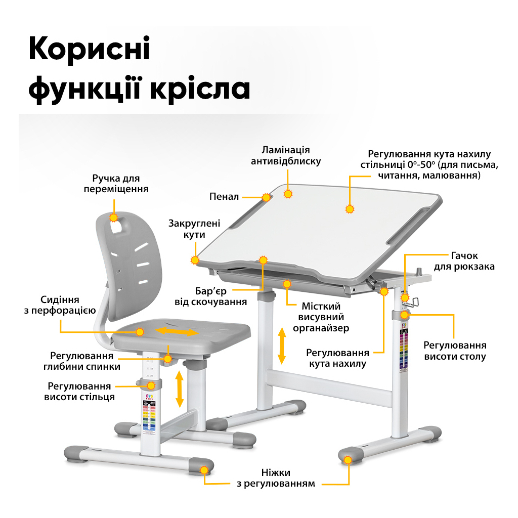 Парта зі стільцем Evo-kids Grey (Evo-06 Ergo G) - изображение 3