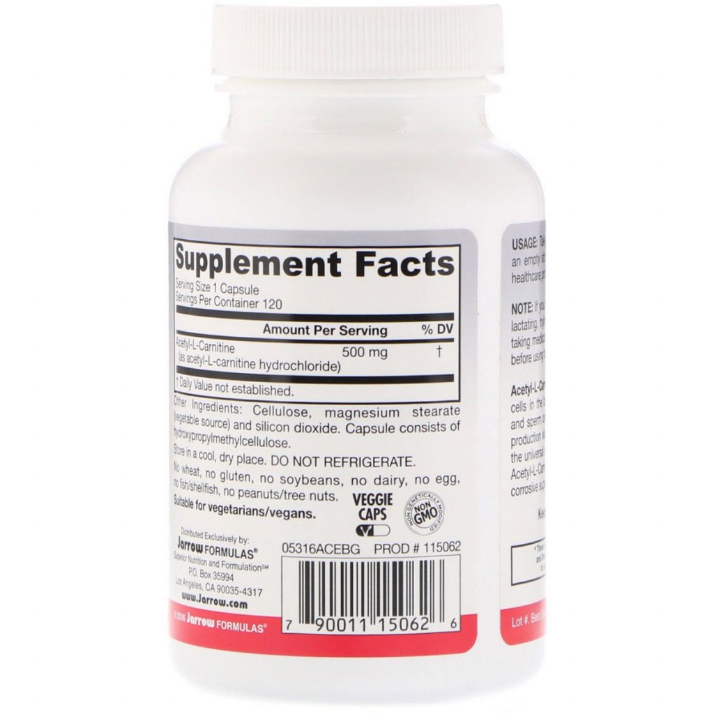 Амінокислота Jarrow Formulas Ацетил L-Карнітин, Acetyl L-Carnitine, 500 мг, 120 капсул (JRW-15062) - зображення 2