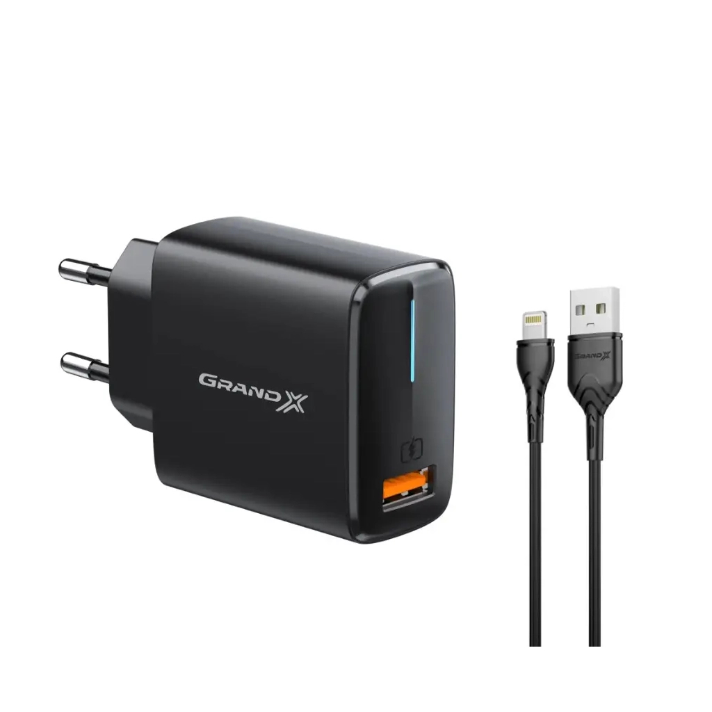Зарядний пристрій Grand-X Quick Charge QС3.0 + cableUSB-Lightning (CH-550BL) - зображення 1