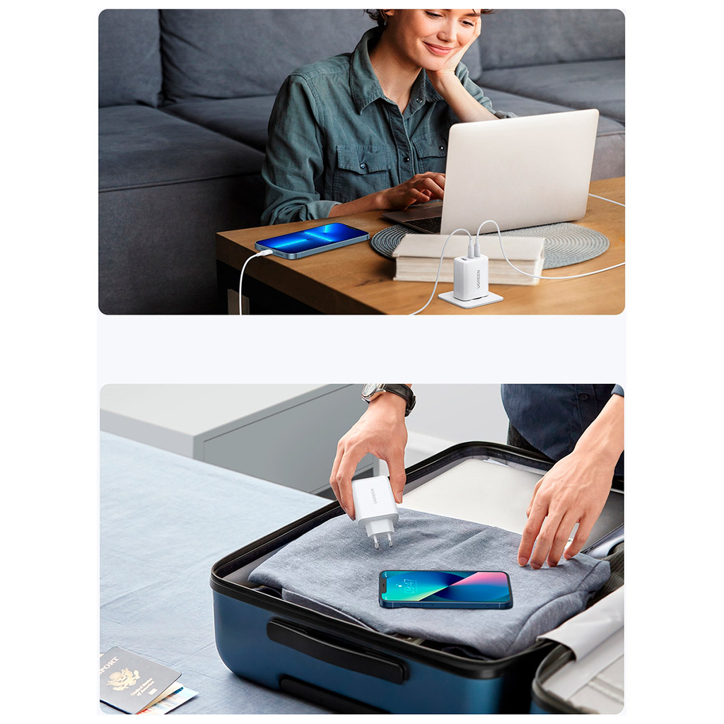 Зарядний пристрій Ugreen 3xUSB 65W (2xType-C+USB QC3.0) Fast Charger White CD275 (90496) - зображення 3