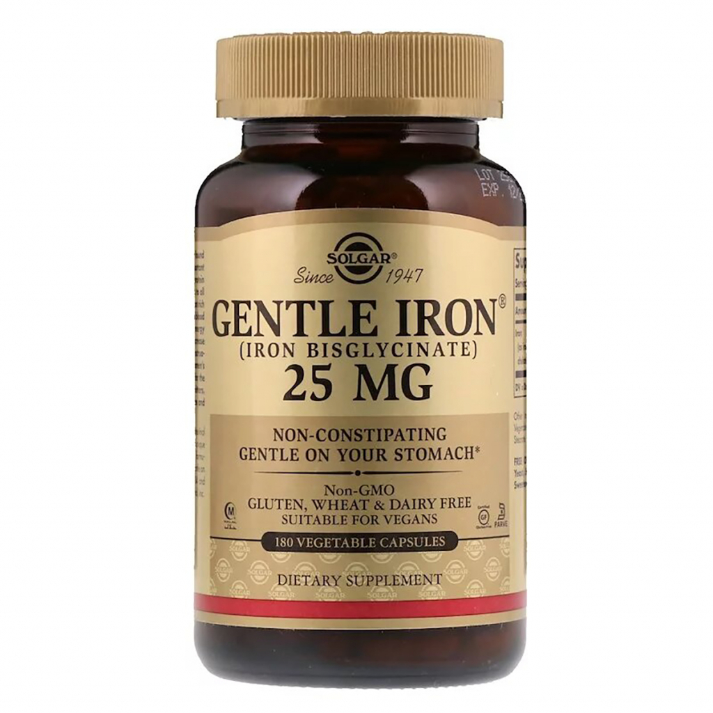 Мінерали Solgar Хелатний Залізо, 25 мг, Gentle Iron, 180 рослінніхапсул (SOL-01250) - зображення 1