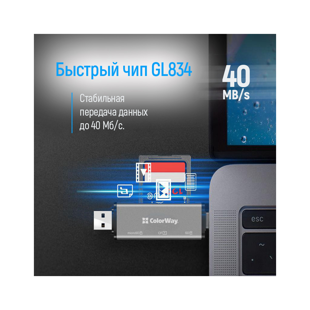 Зчитувач флеш-карт ColorWay USB 2.0/USB-C to CF/SD/MicroSD (CW-CR-01) - изображение 6