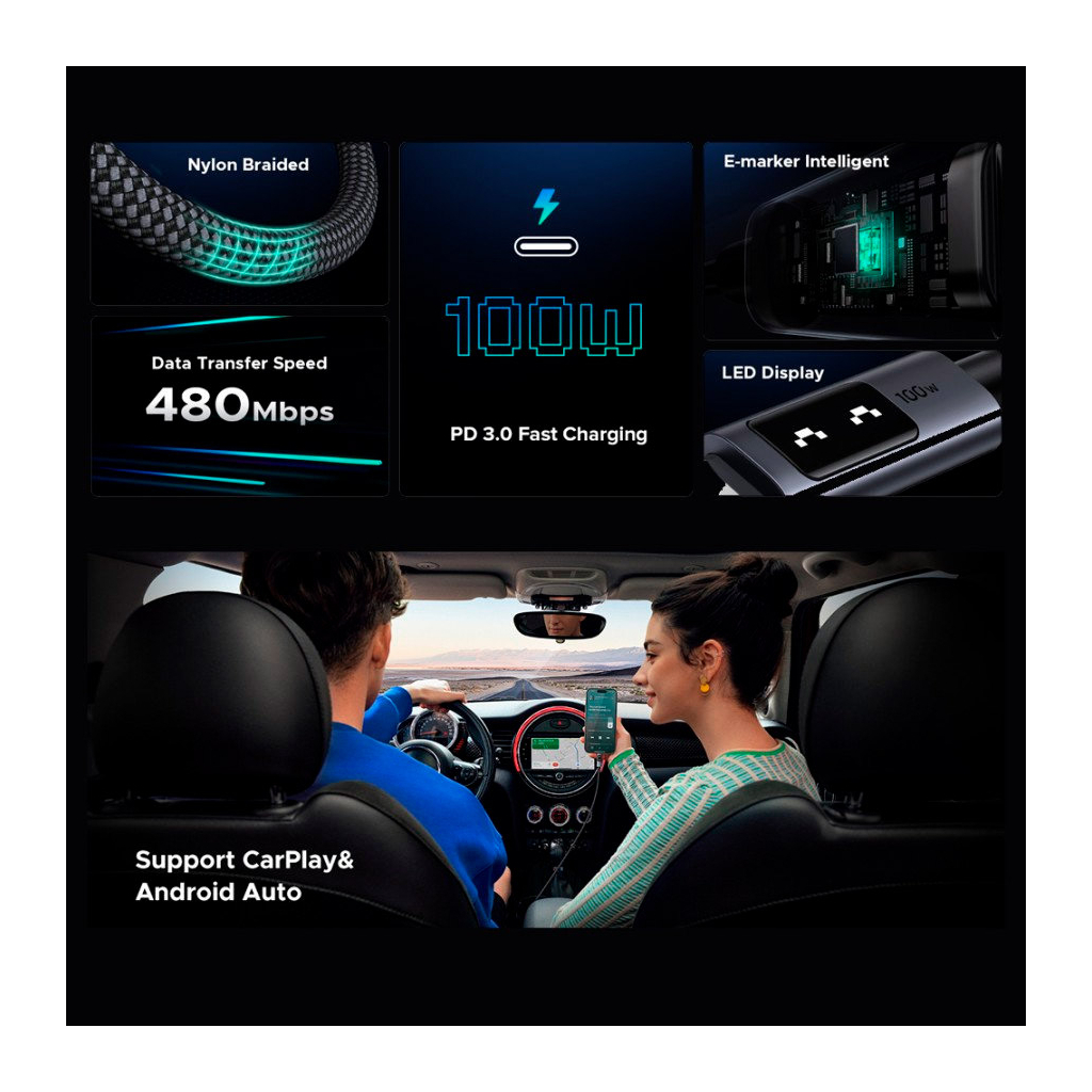 Дата кабель USB-C to USB-C 1.0m PD 100W L509 black Ugreen (35501) - зображення 3