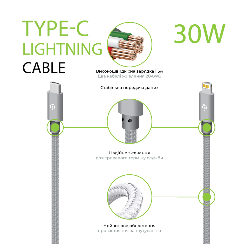 Дата кабель USB-C to Lightning 1.0m CBGNYTL1 30W Grey Intaleo (1283126559587) - зображення 2