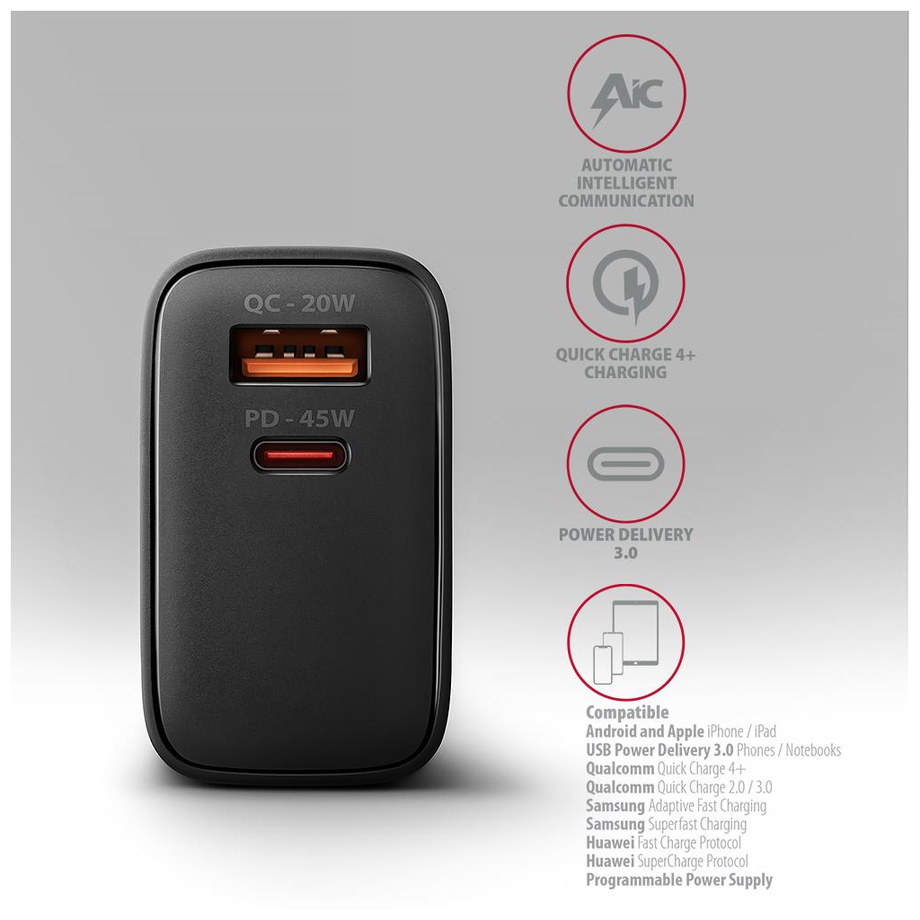 Зарядний пристрій AXAGON 1xUSB QC4.0 + 1xUSB-C PD45W PPS black (ACU-PQ45) - зображення 5