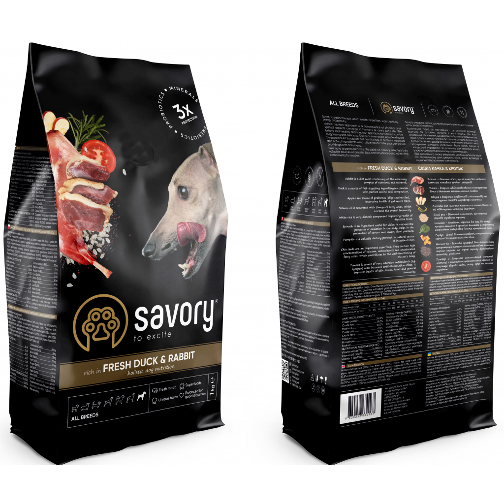 Сухий корм для собак Savory Adult All Breeds rich in Fresh Duck and Rabbit 1 кг (4820232630167) - зображення 2