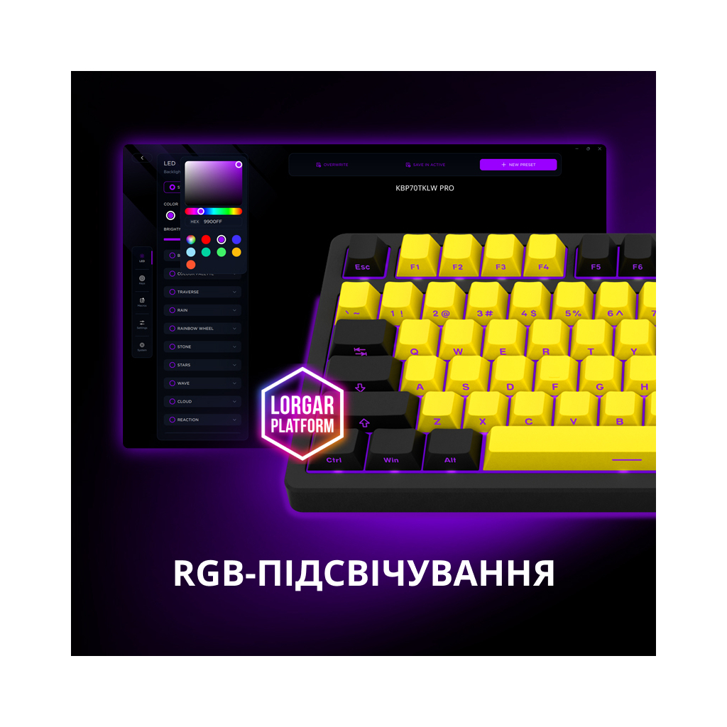 Клавіатура Lorgar KBP70TKLW Wireless TKL Mechanical Pro UA Black/Yellow (LRG-KBP70TKLW-YL-US) - зображення 10