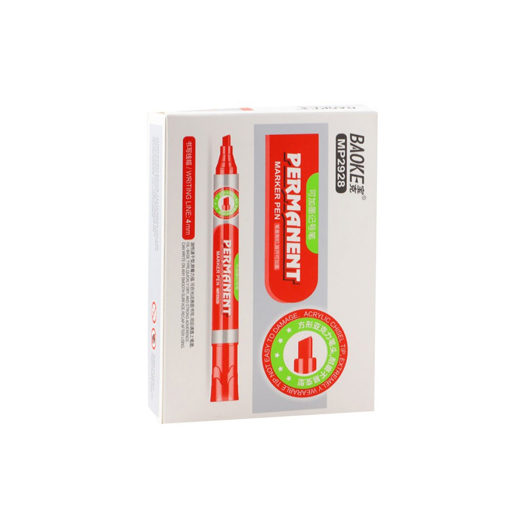 Маркер Baoke водостійкий 1-4 мм клин. накінечник червоний 12 шт (MARK-PER-BAO2928R-12) - зображення 1