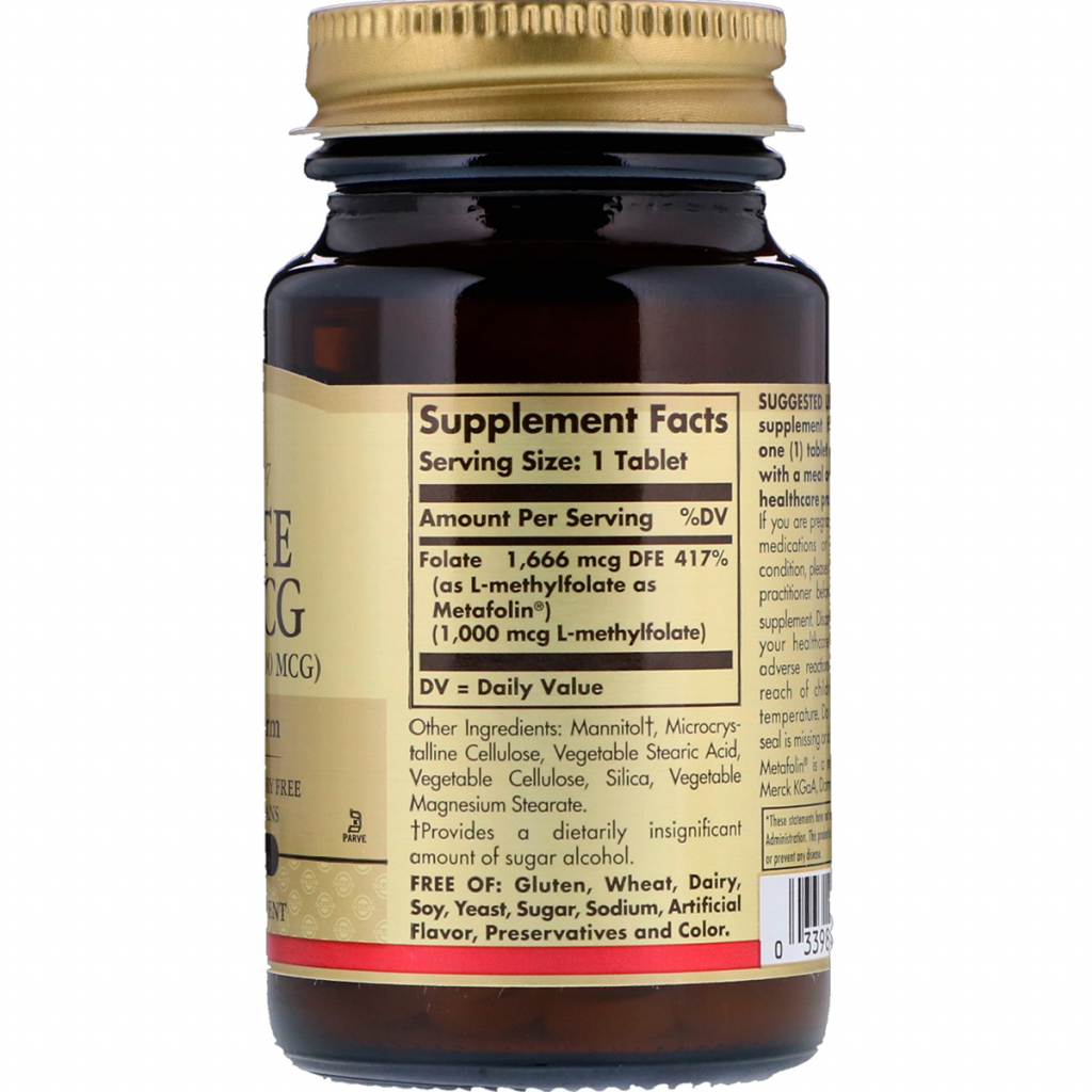 Вітамін Solgar Фолієва кислота (В9), Метафолін, Folate as Metafolin, 1,000 (SOL-53595) - зображення 2