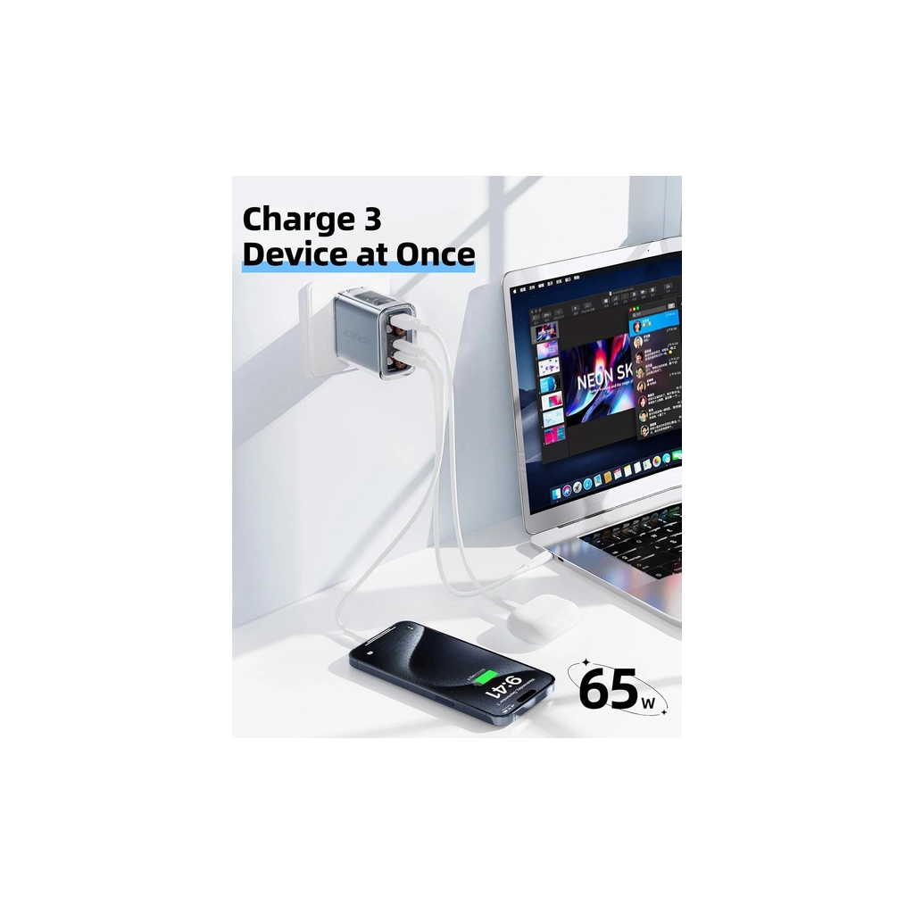 Зарядний пристрій Acefast 3xUSB 65W (2xUSB-C+USB-A) Gan A45 Fast Charger Mountain mist (6974316282099) - зображення 7