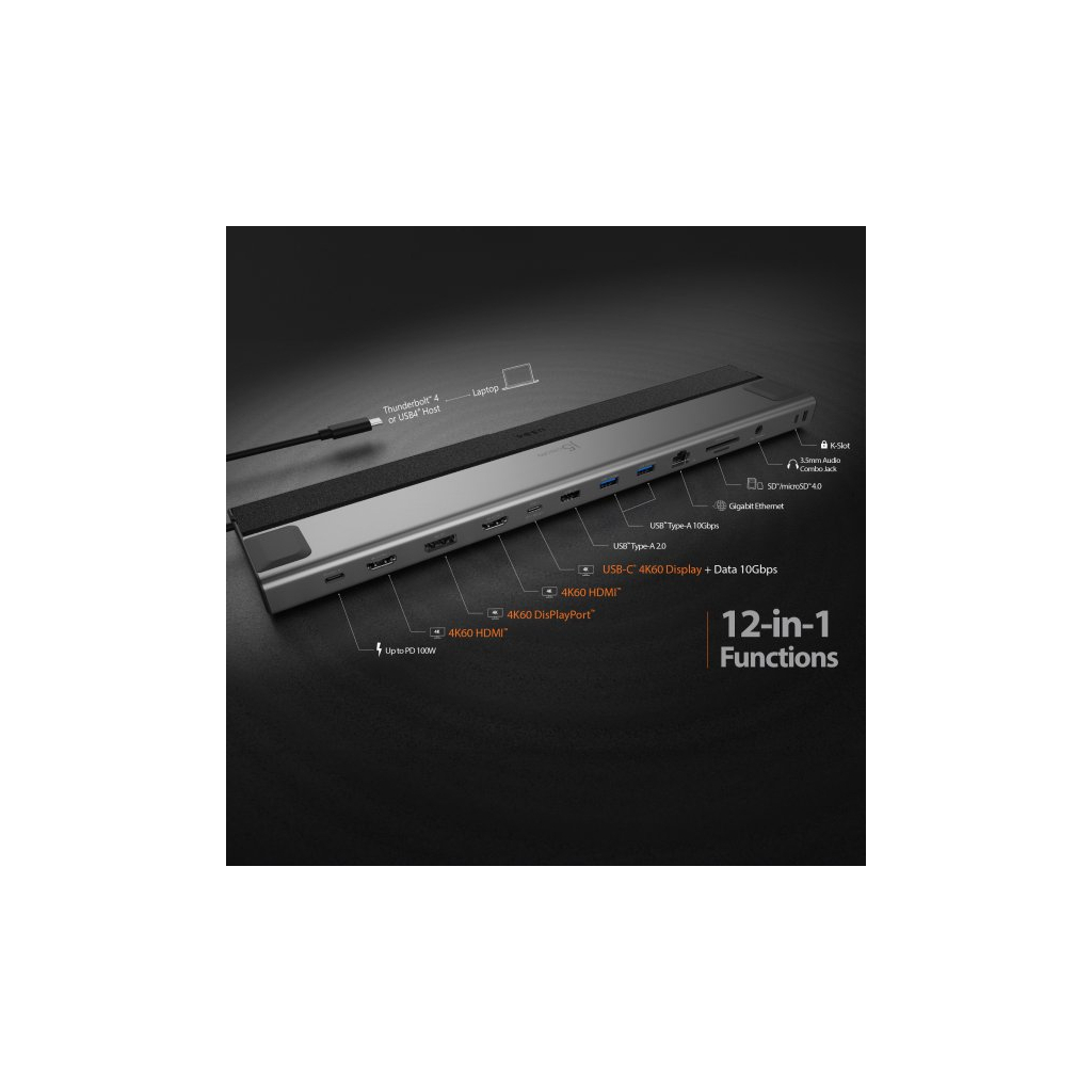 Порт-реплікатор J5create Dock-Station USB-C 12-in-1 (HDMI/DP/PD/USB-A/USB-C/LAN/картридер/audio) (JCD554-N) - зображення 7