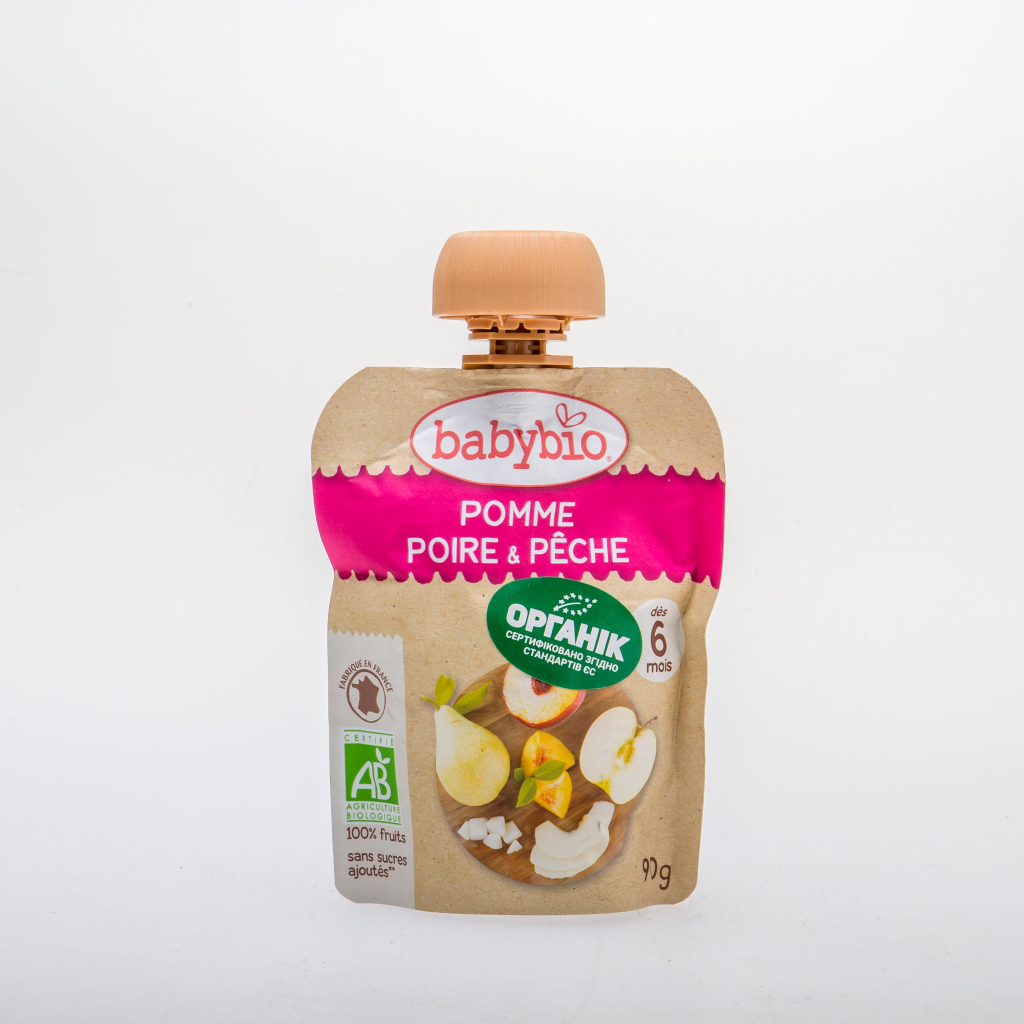 Дитяче пюре BabyBio органічне з яблука, груші та персика 90 г (3288131540016) - зображення 1