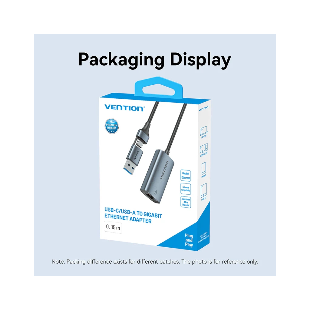 Перехідник USB-C + USB A to RJ45 Ethernet 1000Mbps 0.15m aluminum gray VENTION (CFQHB) - изображение 3