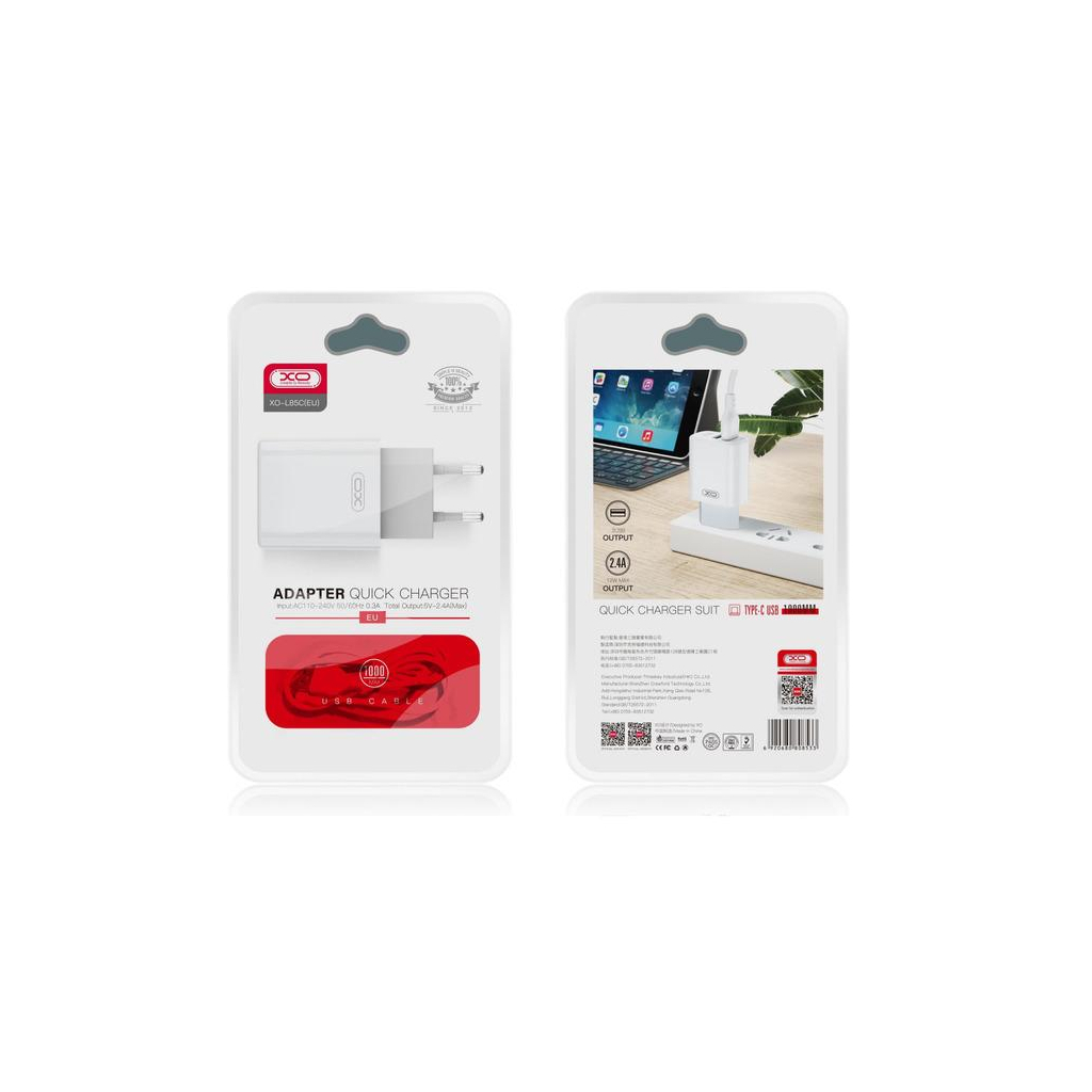 Зарядний пристрій XO L85C (2USB/2.4A) + USB - Type-C White (XO-L85C-T) - зображення 4