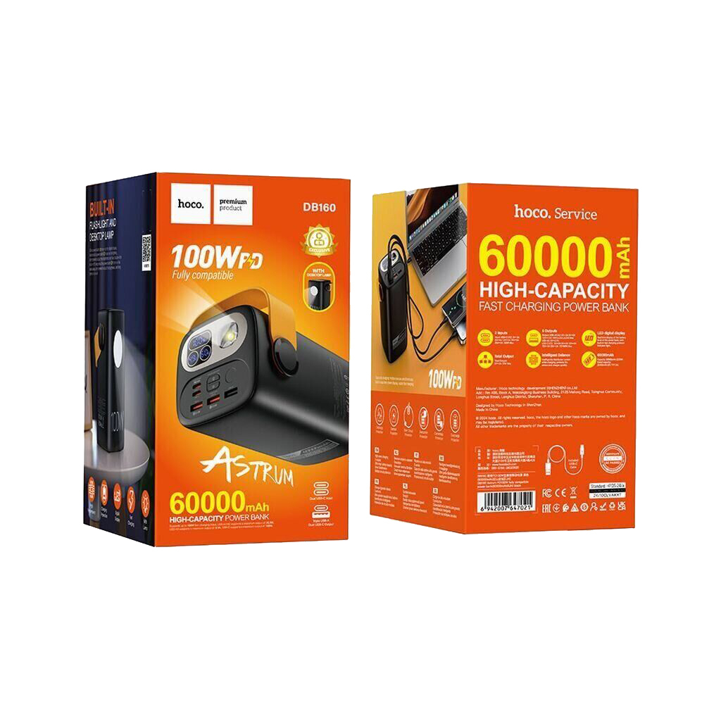 Батарея універсальна HOCO 60000mAh Astrum PD/100W, QC/3.0, LED lamp, Black (DB160 / 714724) - зображення 5