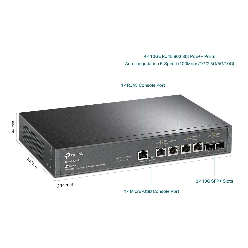 Комутатор мережевий TP-Link TL-SX3206HPP 2xSFP+ (10GE) 4x10GE LAN console+microUSB L2 JetStream 19" 1U (TL-SX3206HPP) - зображення 4