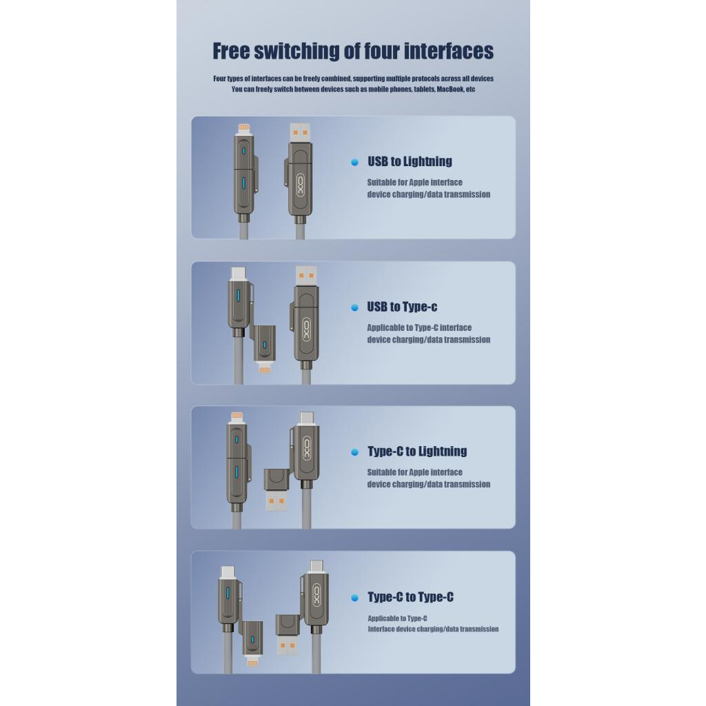 Дата кабель USB 2.0 AM to USB-C + USB 2.0 AM to Lightning 1.0m 60W gray XO (NB275_4-in-1_Gray) - picture 6