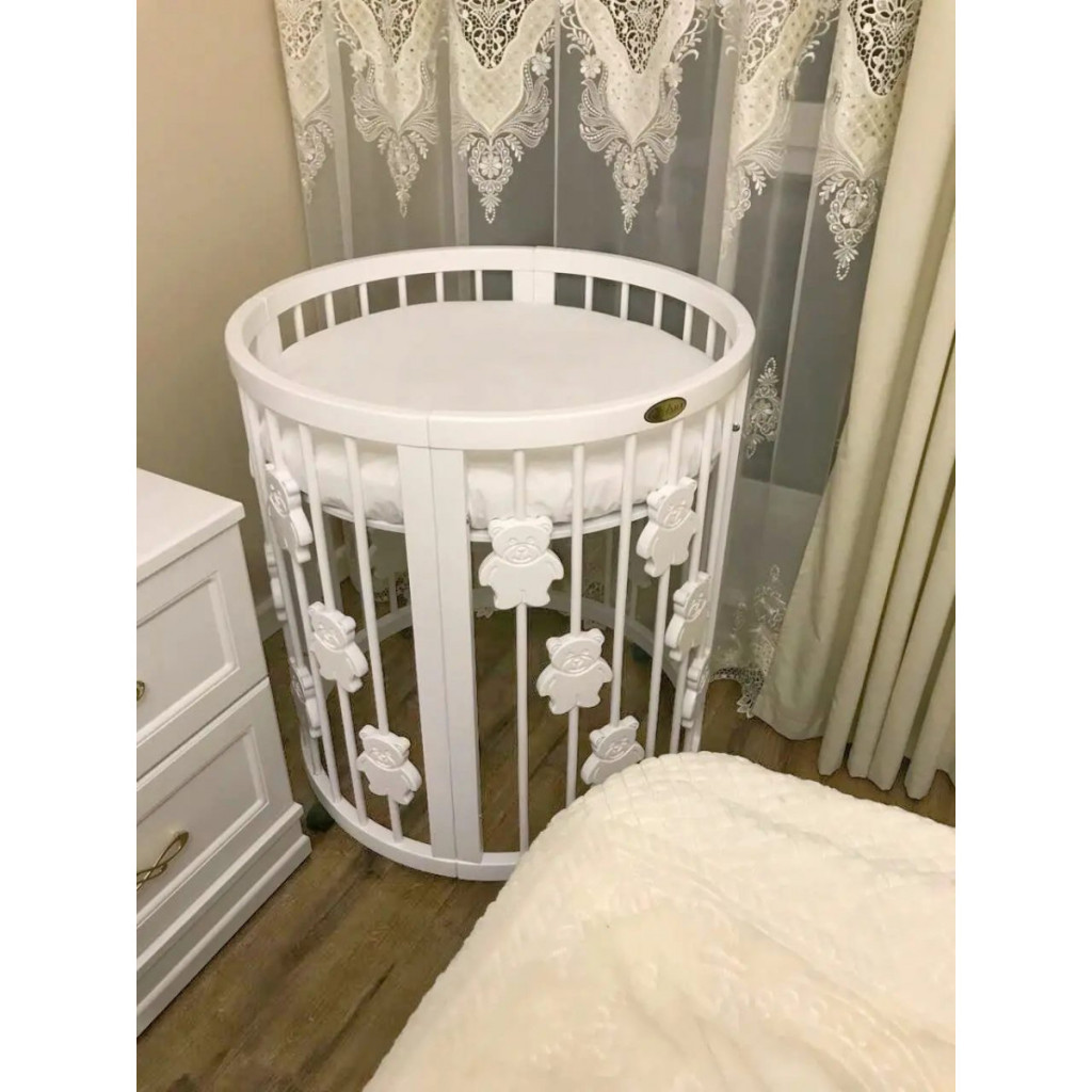 Ліжечко Ingvart трансформер Smart Bed Round (72х72, 72х120, 72х168 см) біле з декором "Ведмедики" (1329003) - зображення 4